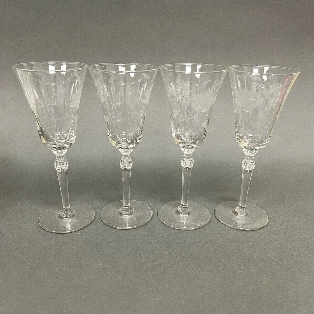 Wine Glasses Clear Glass Etched Roses Flowers Stemmed‎ 7